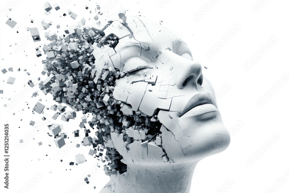 Poster abstract representation of fragmentation and transformation in human face with cubes