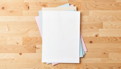Minimal A4 paper stack on light oak table, stylish organization