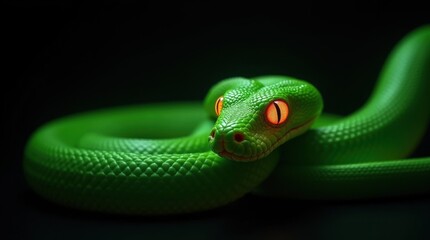 Fototapeta premium Resting Neon Green Viper with Radiant Orange Eyes