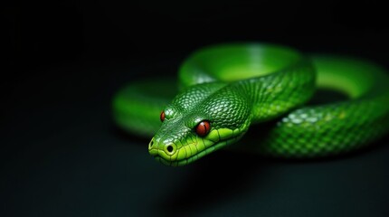 Fototapeta premium Neon Green Viper with Radiant Orange Eyes Resting on Black