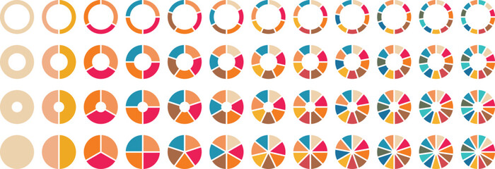 Pie chart set. Circle pie chart diagram. 1,2,3,4,5,6,7,8,9,10, sections or steps. Flat process cycle. Circle icons for infographic. Colorful diagram collection with.