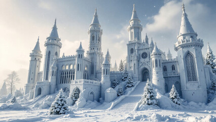 Obraz premium Majestic snow-covered castle with towers in winter wonderland