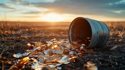 An overturned bucket lies on the earth, surrounded by scattered golden shards reflecting the light of the setting sun against a beautiful serene landscape.