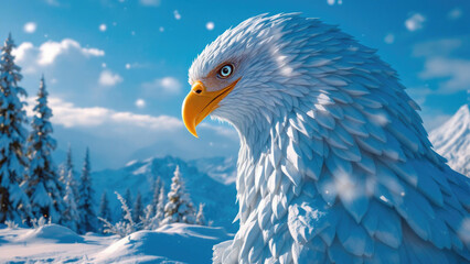 Obraz premium Majestic snow eagle in winter mountain landscape with snowfall