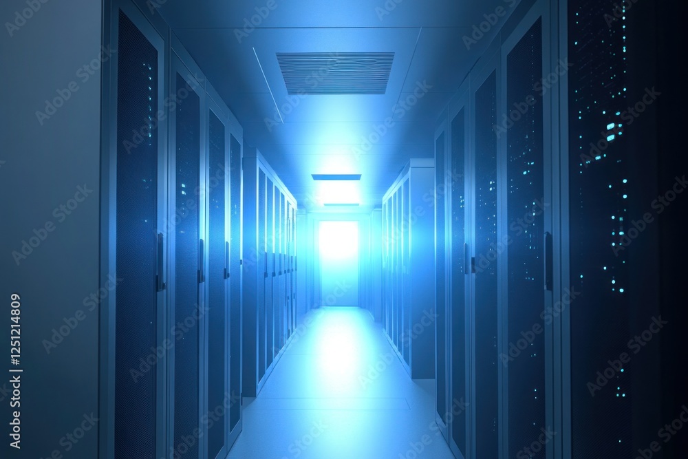 Poster bright corridor in data center with flashes of light between technology storage units