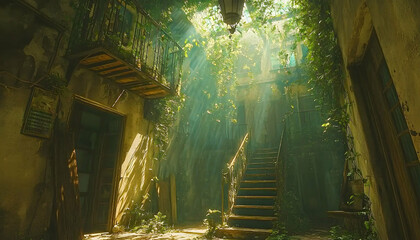 Sunbeams illuminate a verdant, overgrown courtyard with ancient stone stairs and balconies, creating a mystical, forgotten atmosphere.