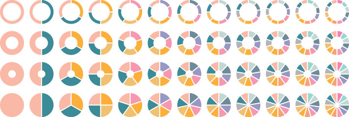 Pie chart color icons. Circle section graph. 1,2,3,4,5 segment infographic. Segment slice sign. Wheel round diagram part symbol. Circle division infographic icon set. Pie chart divided 4,5,6, 12 equal