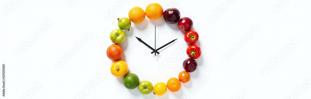 Aufkleber A Colorful Arrangement Of Fruits And Vegetables Forms A Clock Shape Isolated On A Plain White Background To Create A Unique Design. 00002