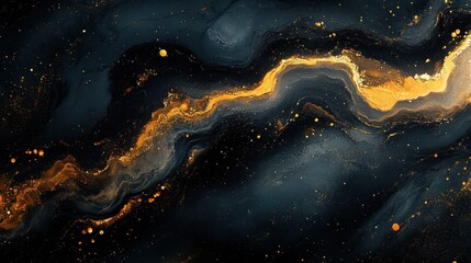 Golden river flowing through dark space, abstract art background, website design