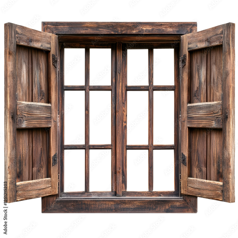 Aufkleber rustic wooden window with open shutters in natural setting