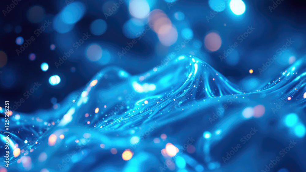 Poster abstract blue waves with dynamic light and glowing sparkles