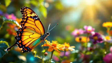 Vibrant monarch butterfly in sunlit garden with colorful flowers