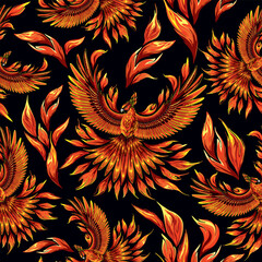 Phoenix mithological Creature looking like a Bird with Fire Feathers Vector Repeat Seamless Pattern Design
