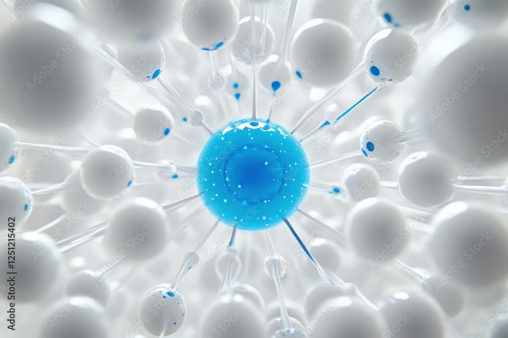 Poster abstract depiction of atomic structures showcasing blue nucleus and surrounding white particles
