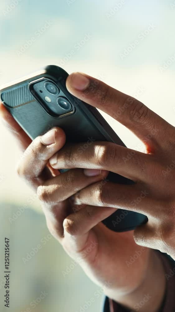 Aufkleber social media, business and hands typing with phone for internet, communication and app. contact, cha