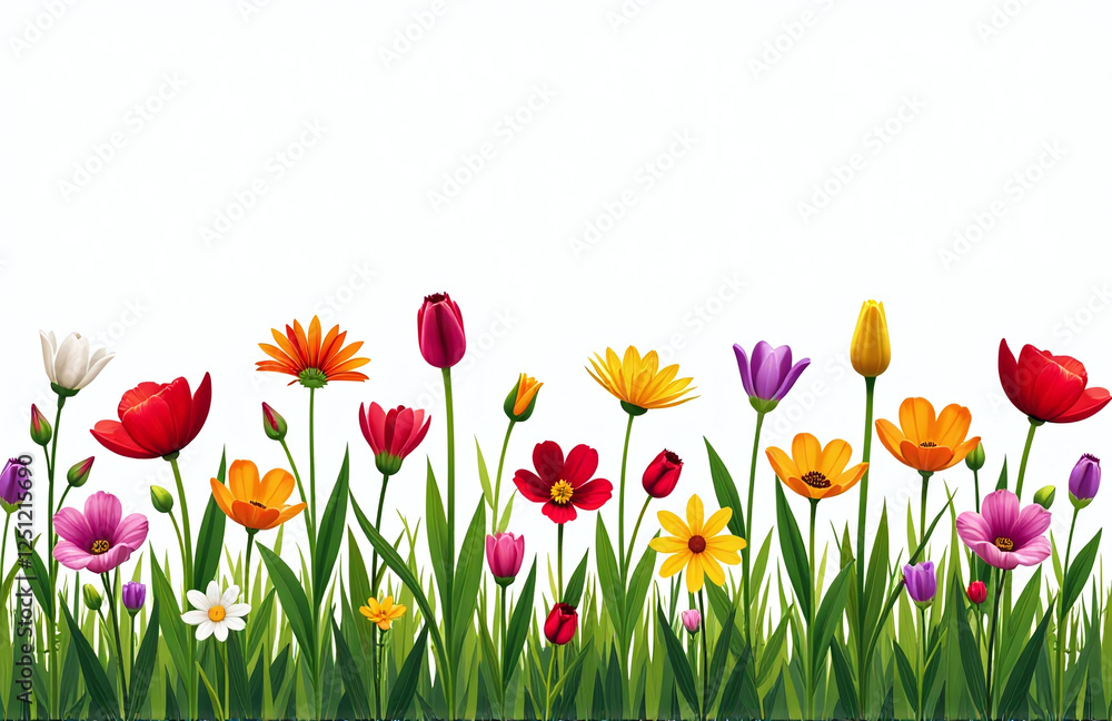 Poster a colorful meadow scene made up of individual flowers isolated against a plain white background in p
