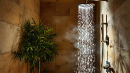 Obraz premium Luxurious bathroom shower with flowing water and green plant decor