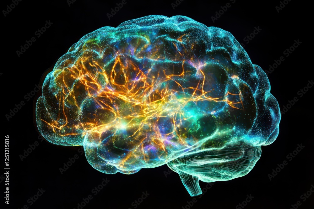 Poster abstract representation of a human brain with neural connections and colorful energy flow