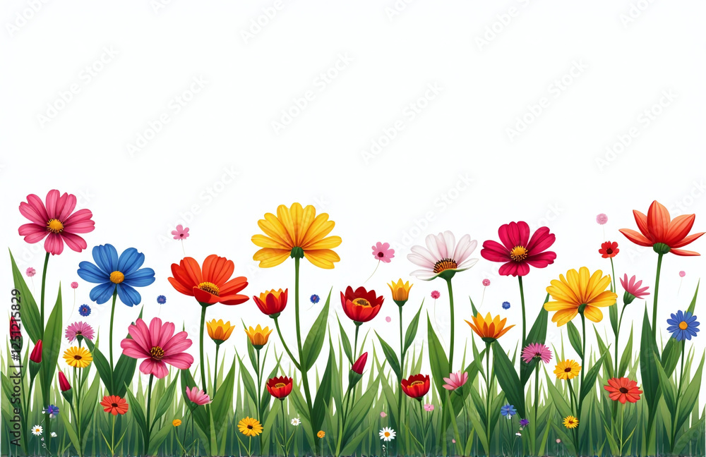Poster a colorful meadow scene made up of individual flowers isolated against a plain white background in p