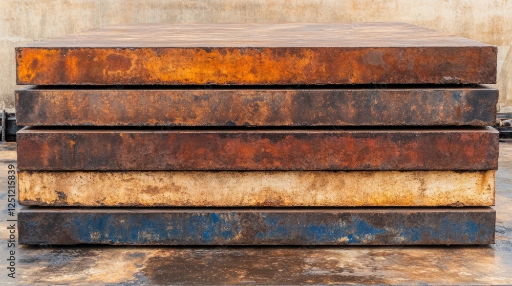 Poster stacked metal plates with varying rust colors and textures.