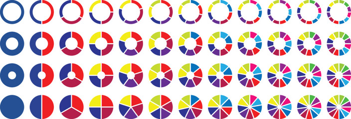 Circle section graph. Pie charts diagrams. Set of different color circles isolated. Infographic element round shape. Pie chart divided 3, 4, 5, 6, 7, 8, 9, 10, 11, 12 equal parts. Vector illustration.