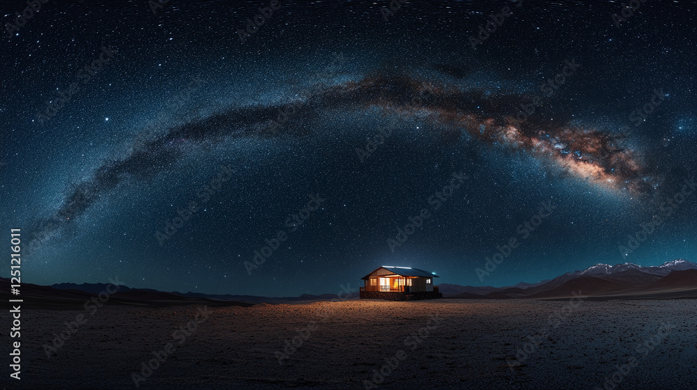 Poster a remote house in the desert illuminated by the warm glow of lights beneath a starry sky, showcasing
