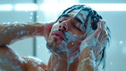 Young hispanic man washing hair with shampoo in shower