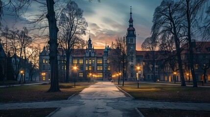 Obraz premium Modern campus of jagiellonian university in krakow, poland with contemporary architecture and green spaces