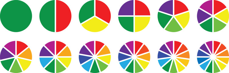 Colorful Pie chart set. Pie charts diagrams. Set of different color circles isolated. Infographic element round shape. 2,3,4,5,6,7,8,9,10,11,12 sections or steps. Pie chart circle. Vector illustration