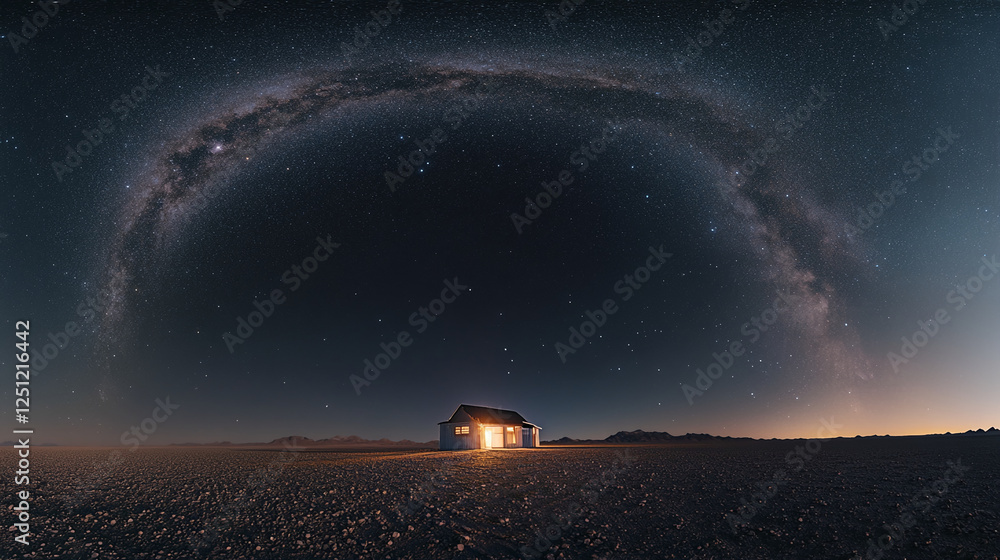 Poster a solitary house under a clear night sky with the milky way arching above it, showcasing a remote an