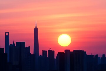 Obraz premium Shanghai Skyline Sunrise - Vibrant sunrise over Shanghai's skyscrapers, symbolizing progress, modernity, ambition, opportunity, and the dawn of a new era.