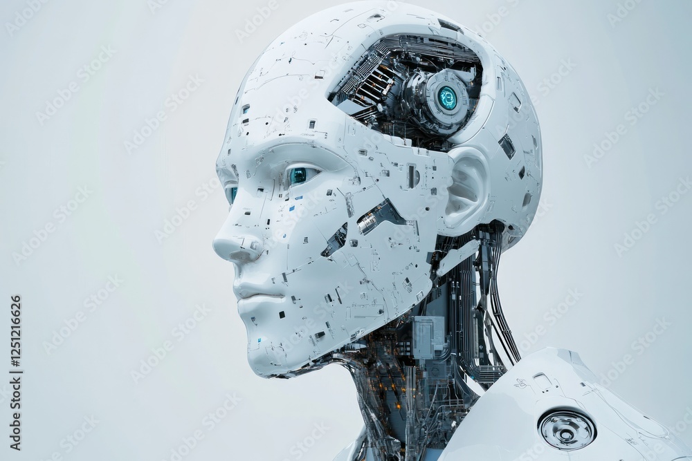 Poster futuristic humanoid robot head showcasing advanced technology and intricate design elements