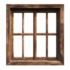 Rustic Wooden Window Frame with Four Panes Isolated on White Background