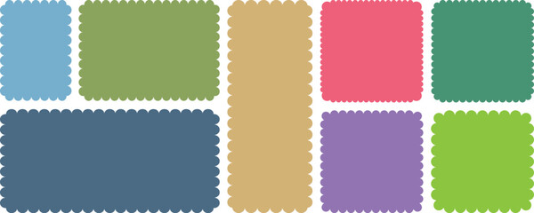 Set of frames with zigzag edge, scallop edge shape. Rectangle shape frame with zigzag edge. Rectangular and square scalloped frames. Elements for design of text box, badge, banner. Colorful wavy frame