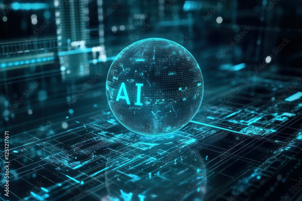 Poster futuristic ai globe over digital circuit board background with blue hues and data elements