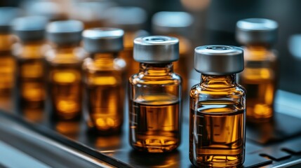 (Multiple values)Medical vials on production line at pharmaceutical factory, Pharmaceutical machine working pharmaceutical glass bottles production line, health care, pandemic.