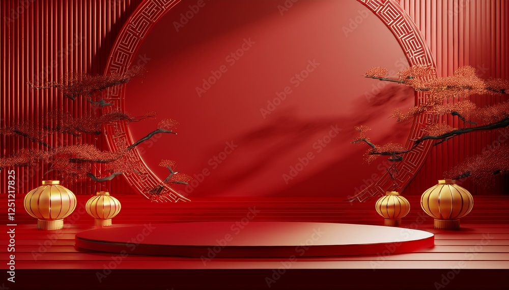 Poster 3d product background red chinese style podium and light shadow concept for product and branding pre
