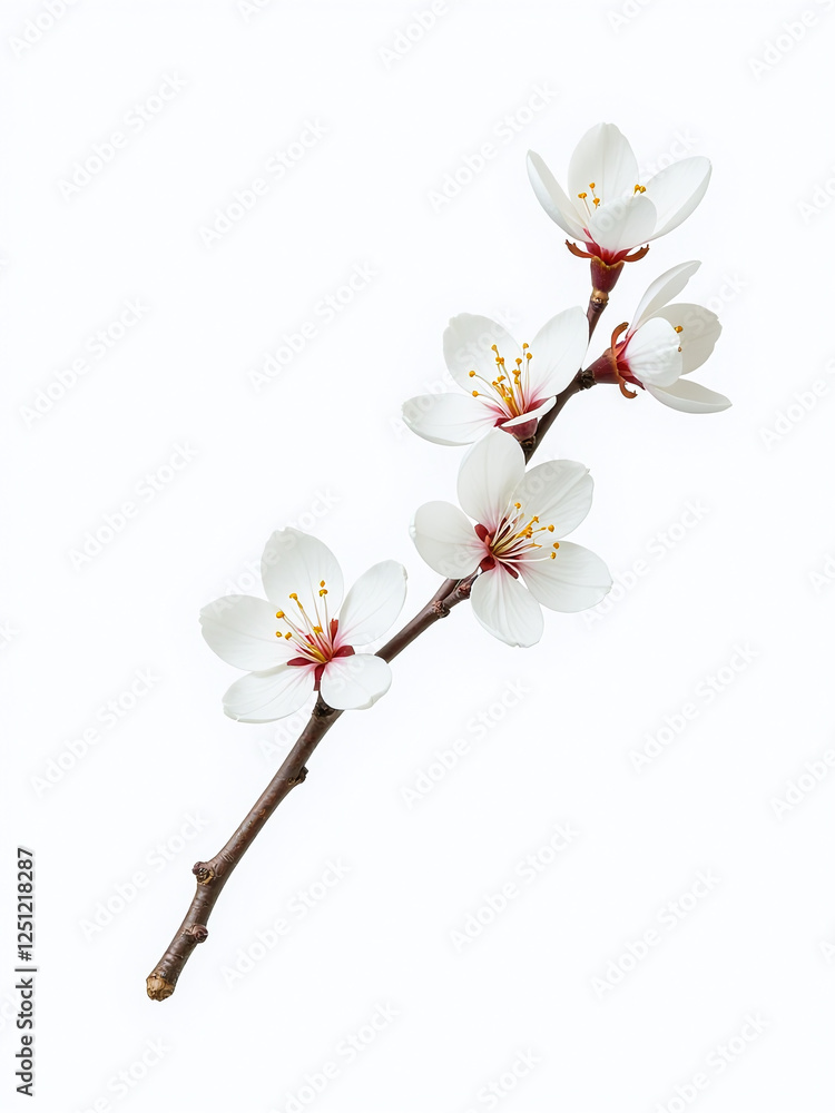 Poster a delicate branch of white cherry blossoms is isolated against a plain white background with a windi