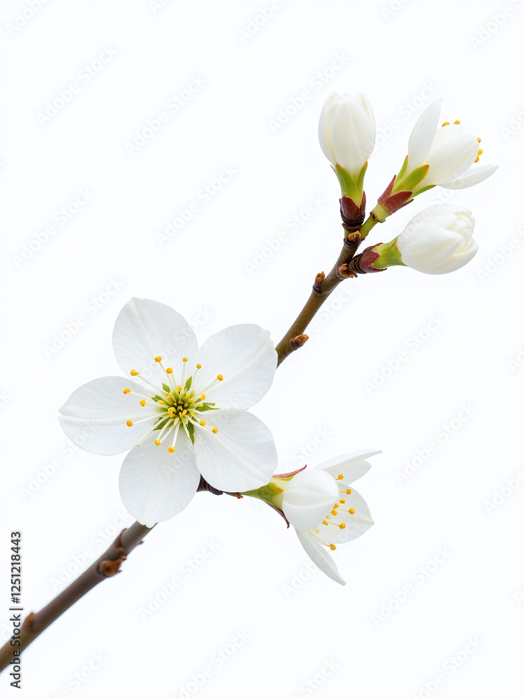 Poster A Delicate Branch With White Spring Blossoms Is Isolated On A Clean White Background With A Shallow Depth Of Field. 00001