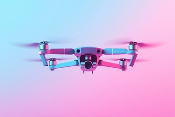 Modern Drone Flying in Air with Vibrant Pink and Blue Background Lighting Effects
