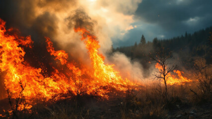 Intense forest wildfire with flames and smoke in mountainous landscape