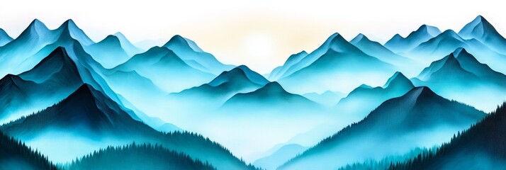 Serene Teal Mountains in Misty Veil - Tranquil mountain landscape, mist-shrouded peaks, serene atmosphere, peaceful scene, nature's beauty.