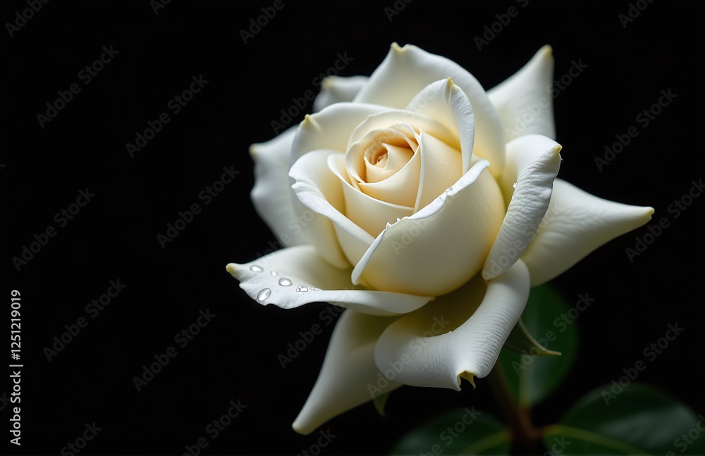 Poster A Delicate White Rose Is Isolated Against A Black Background With Droplets Of Water Creating A Striking Visual Effect In Copy Space. 00001