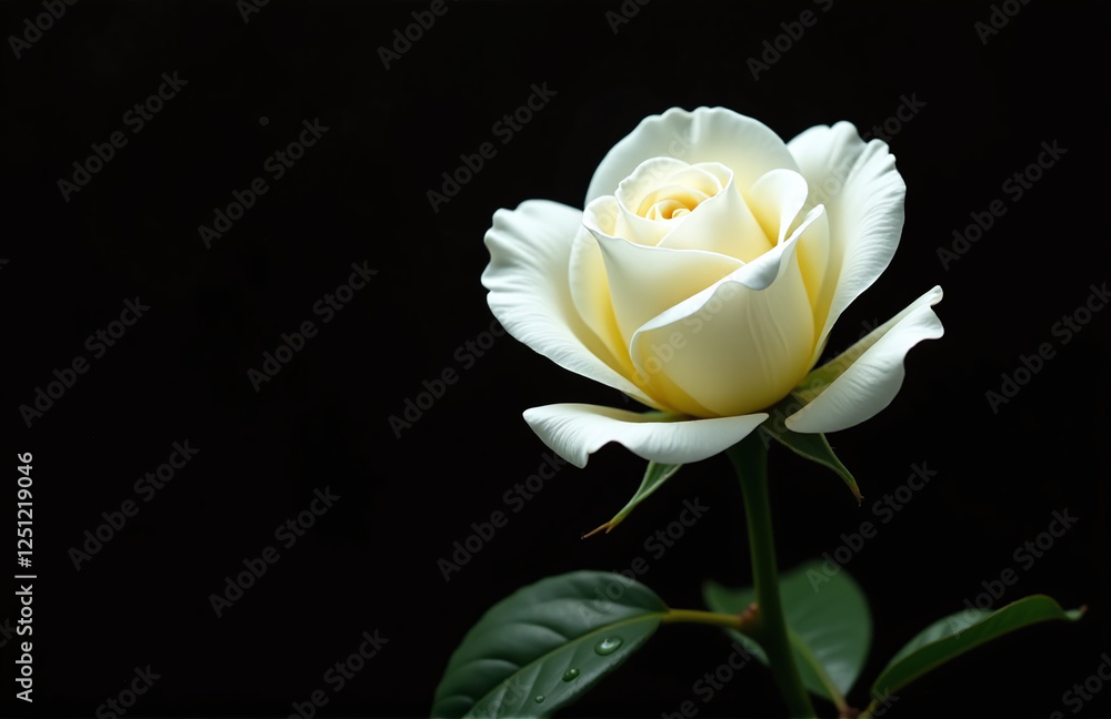 Poster A Delicate White Rose Is Isolated Against A Black Background With Droplets Of Water Creating A Striking Visual Effect In Copy Space. 00002