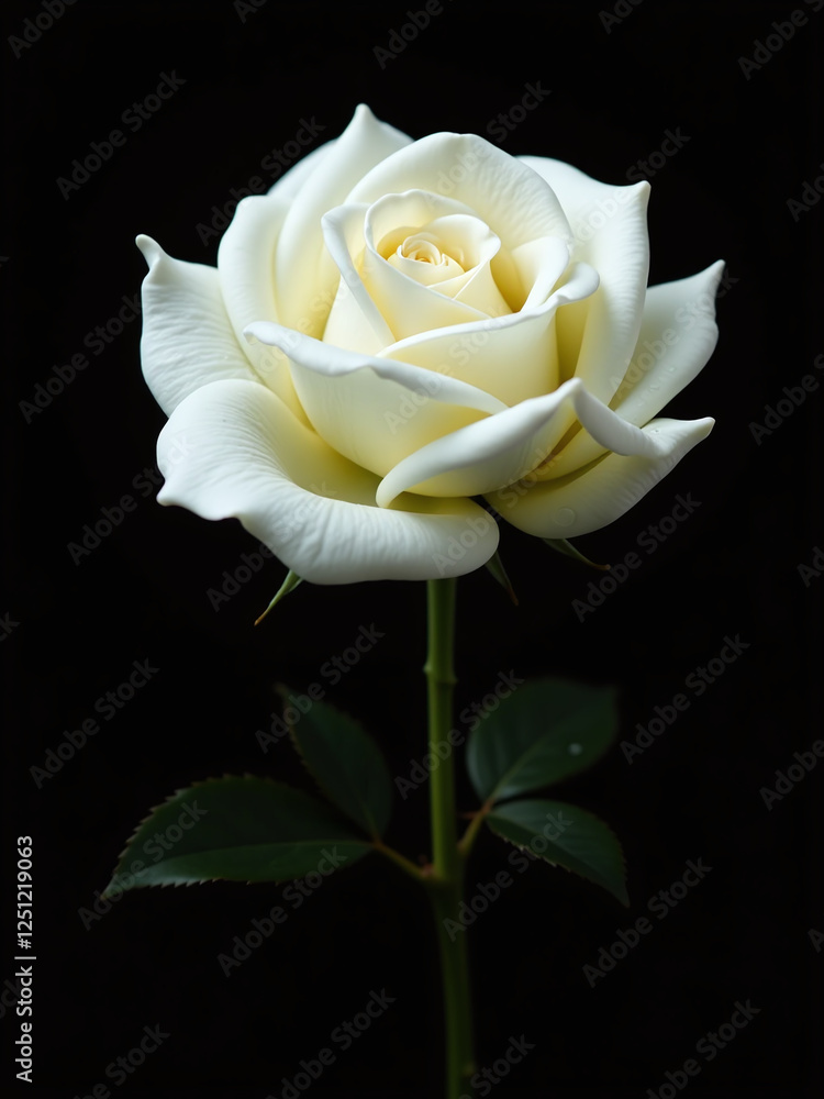 Poster a delicate white rose with small droplets is isolated against a plain black background providing amp