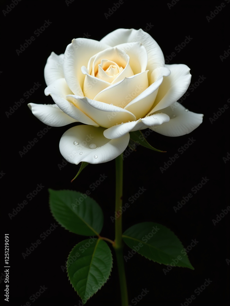 Poster a delicate white rose with small droplets is isolated against a plain black background providing amp