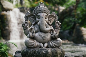 Fototapeta premium Serene Stone Ganesh Statue Surrounded by Nature Near a Tranquil Waterfall in a Lush Garden