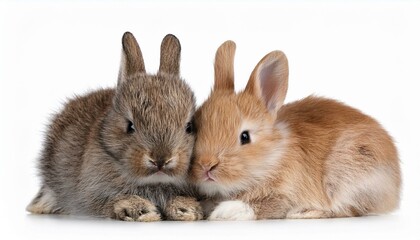 Obraz premium two cute fluffy rabbits snuggling closely isolated on white background