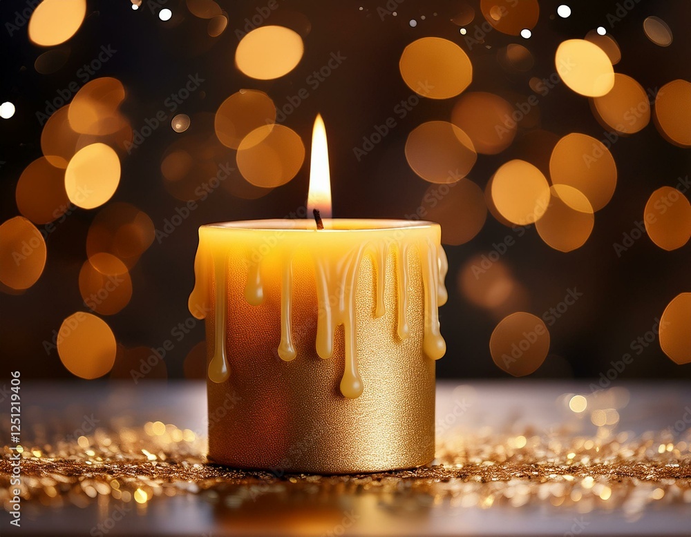 Poster a single lit candle with melted wax on a table against a sparkling background