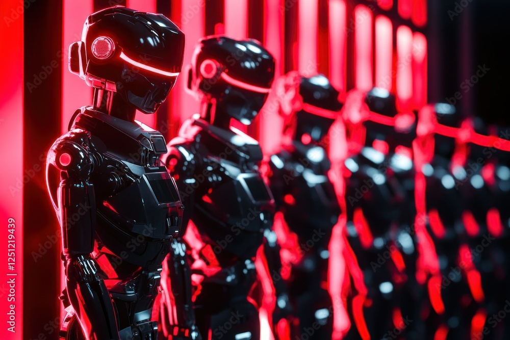 Poster futuristic robots in a neon-lit environment showcasing advanced technology and design concepts